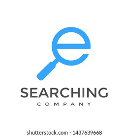 E Letter Or Font With Magnifying Glass Vector Logo Template. This Alphabet Can Be Used For Searching, Discovery Business.