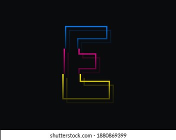 E letter font, vector design logo. Dynamic, split-color, blue, pink, yellow on black background. Eps10 illustration