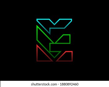 Tipo de letra E, logotipo de diseño vectorial. Dinámico, rgb de dos colores, rojo, verde, azul sobre fondo negro. Ilustración Eps10