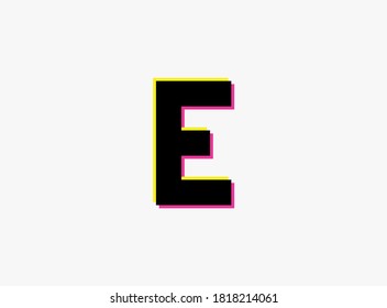 E Letter font, vector desing alphabet. Dynamic, split-color, shadow of  number pink and yellow on white background. For logo, social media,design elements, creative poster, etc.