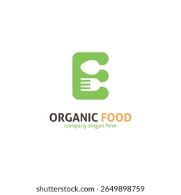 E Letter Food Logo. Green Spoon and Fork Monogram for Organic Restaurant.