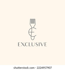 E letter with fork simple line outline elegant logo icon sign design vector illustration