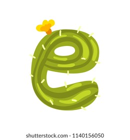 E letter in the form of cactus with blooming flower, green eco English letter vector Illustration on a white background