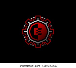 E Letter Gear Connection Data Logo Icon, Initial E with Gear and Network Line Shape