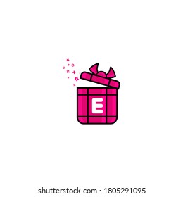 
e letter Gift box Logo Design Vector Template.Logo gift template. Letter e in the box for present. Concept design present emblems and signs. Gift box icon pink color.e gift box logo