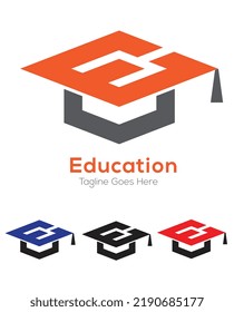e letter graduate education logo in four color with cap symbol vector illustration
