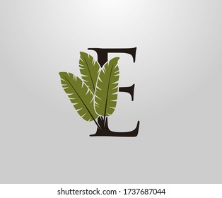 E Letter With Green Banana Leaf, Tropical Alphabet Sign Design Concept.