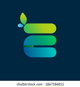 E letter green gradient eco logo. Vector one line colorful typeface for agriculture branding design, spring labels, garden posters, environment identity etc.