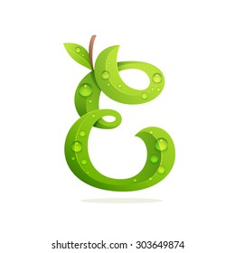 E letter with green leaves and dew drops. Vector design template elements for your application or corporate identity.