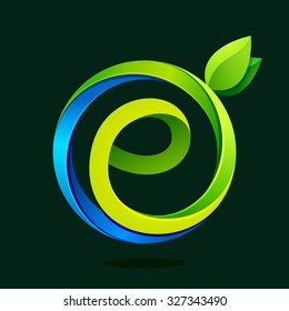 E letter with green leaves and water waves. Vector design template elements for your ecology application or corporate identity.