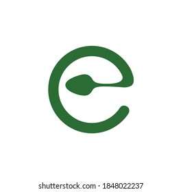 e letter with a green spoon on white background. e restaurant logo monogram. Spoon with the letter.