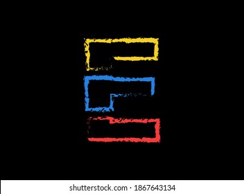 E letter hand write vector desing, brush font logo. Blue, red, yellow color on black background. For social media,design elements, creative poster, web template and more  