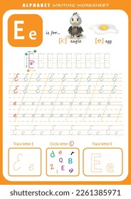 Hoja de trabajo de práctica de escritura a mano de cartas electrónicas. Hoja de cálculo de seguimiento de letras de alfabeto para niños con juegos e ilustraciones brillantes. Página Aprendiendo actividad alfabética. Plantilla imprimible.