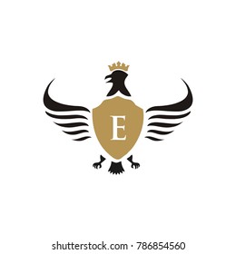 E letter heraldic logo vector illustration with wings gold color 