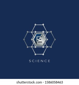 E Letter Hexagon Ring Techno Logo. Silver Hexagon Geomtrical Ring with letter logo icon on blue background color for science technology design concept.