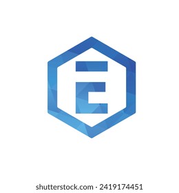 E letter with hexagon shape polygon logo monogram design in blue color vector eps