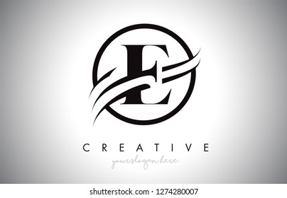 E Letter Icon Logo Design with Circle Swoosh Border and Black Colors. Creative E Design Vector Illustration.