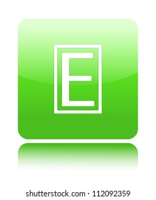 E letter icon on green glossy button on white