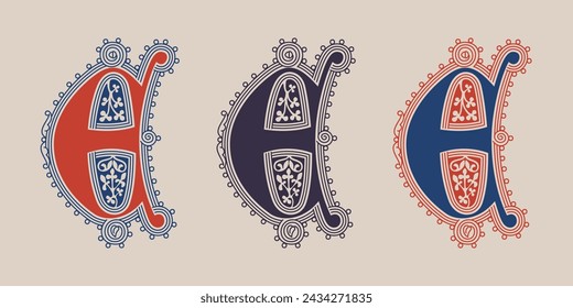 E letter illuminated gothic monogram with naturalistic flowers ornament. German drop cap. Dark age decorative logo. Classic medieval red and blue Latin initials font based on XIV century manuscript.