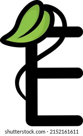 Letra E inicial con ilustración de hoja, icono, logotipo y vector de dibujos animados