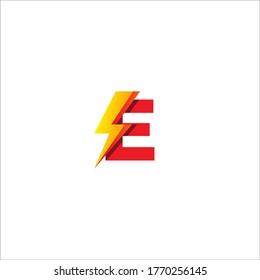 E Letter Initial Logo Design Template Isolated On White Background. Alphabet with Thunder Shape Logo Concept. Hot Red and Yellow Orange Gradation Color Theme.