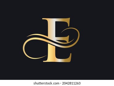E Letter Initial Luxurious Logo Template. Premium E Logo Golden Concept. E Letter Logo with Golden Luxury Color and Monogram Design. 