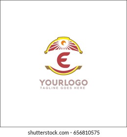 E letter landscape vector illustration. Vintage sunset logo with sun.