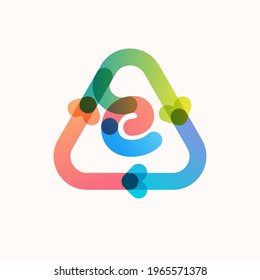 E letter line logo inside triangular shaped recycling symbol with arrows. Colorful gradient overlay emblem for your eco-friendly Illustrations, and plastic free living and zero waste projects. 