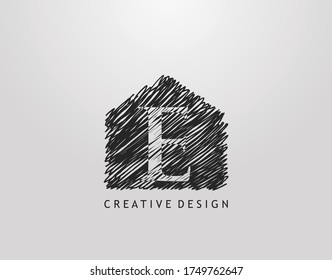 E Letter Logo. Abstract hand drawn house line stroke shape with negative space of letter E. Modern, minimalist and retro concept design. 