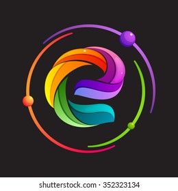 E letter logo with atomic or space orbits. Abstract trendy multicolored vector design template elements for your application or corporate identity.