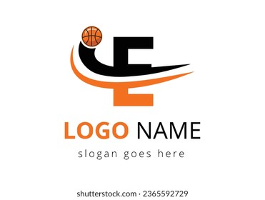 E Letter Logo With Basketball Ball. Sports Symbol Vector Template Design