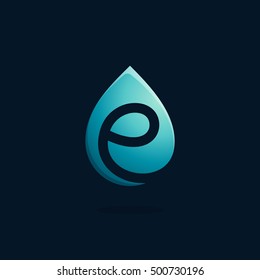 E letter logo in blue water drop. Negative space style icon. Vector ecology elements for posters, t-shirts and cards.
