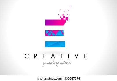 E Letter Logo with Broken Shattered Blue Pink Triangles Texture Design Vector Illustration.