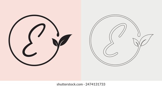 "E" Letter Logo for business and company identity with Concept Circle Nature Leaf. Unique Hand Drawn Alphabet letter font. Vector Illustration.