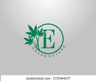 E Letter Logo Circle Nature Canabis Leaf, vector logo design concept medical marijuana leaf with initial letter logo icon for nature business.