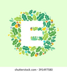 E letter logo in a circle of oak leaves and acorns. Summer font style, vector design template elements for your ecology application or corporate identity.