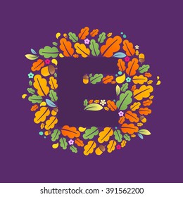 E letter logo in a circle of oak leaves and acorns. Autumn font style, vector design template elements for your ecology application or corporate identity.