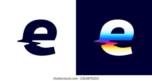 E letter logo with color glitch. Neon double exposure style. Multicolor gradient sign with hologram and illusion effect. Glowing color shift vector icon for nightlife labels, game screens, vibrant adv