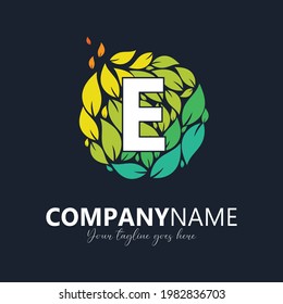 E letter logo in a colorful circle of leaves. Vector design template  elements for your vegan or ecology application, company, business, or corporate identity.
