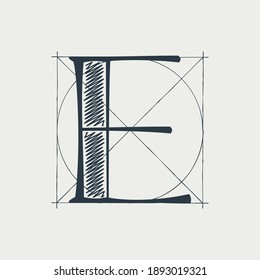 Logo de la letra E con líneas de cuadrícula de construcción. El personaje vectorial serif perfecto para usar en cualquier marca de arquitectura, afiches boutique, identidad de lujo, etc.