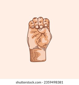 E letter logo in a deaf-mute hand gesture alphabet. Hand drawn vector illustration isolated on brown background.