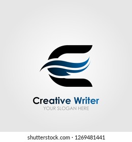 E Letter Logo Design with abstract feather quill symbol vector illustration