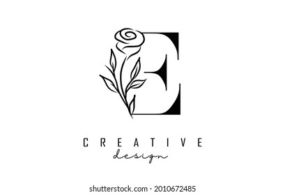 E Letter Logo Design With Black Rose Vector Illustration. Creative And Elegant Icon With Letter E.