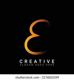 E Letter logo design in brush stroke. Abstract glossy colorful logotype vector design template in black background