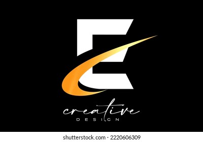 Diseño con logotipo de letra E con creativo Swoosh dorado. Letra e icono inicial con ilustración de vector de forma curva.