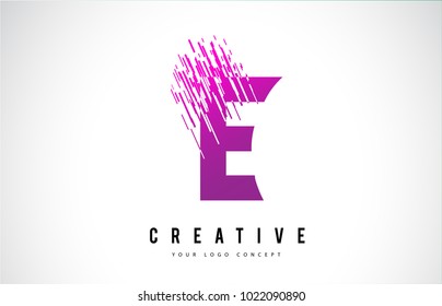 E Letter Logo Design with Purple Colors and Shattered Creative Particle Lines.