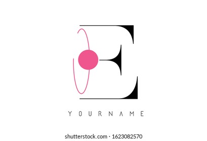 E Letter Logo Design with a Round Pink Eclipse and Dot.