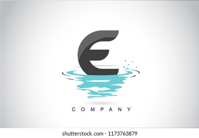 E Letter Logo Design with Water Splash Ripples Drops Reflection Vector Icon Illustration.