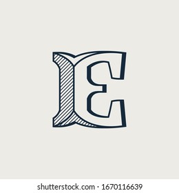 E letter logo in elegant style with diagonal hatching and shadow effect. Vector serif font for barber shop labels, currency posters and bank identity.