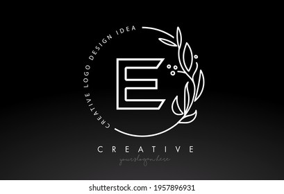 E Letter Logo with Floral Monogram Line Design and Circular Shape Vector. Elegant Leaf Botanical Design in Black and White Colors.